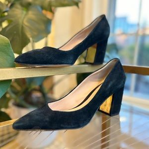 Karl Lagerfeld Paris Block Heel Pointed Toe Black & Gold Suede Heels - Size 6.5